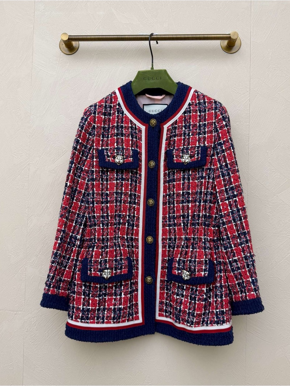 Authentic Gucci Red, Navy & White Tweed Boxy Jacket